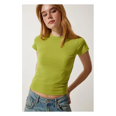 Happiness İstanbul Women's Oil Green Crew Neck Basic Sandy T-Shirt