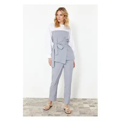 Trendyol Gray Color Blocked Cotton Woven Bottom-Top Set