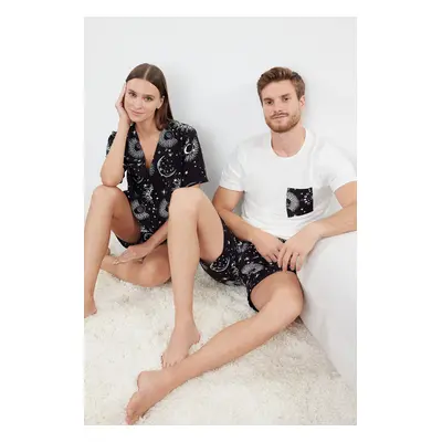 Trendyol Ecru Black Printed Regular Fit Couple/Double Knitted Shorts 100% Cotton Pajama Set