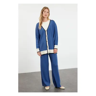 Trendyol Indigo Color Block Knitwear Cardigan Trousers Bottom-Top Set