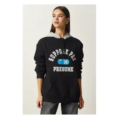 Happiness İstanbul Women's Black Hooded Rack Printed Sweatshirt