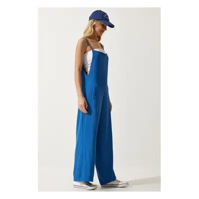 Happiness İstanbul Women's Blue Strap Loose Knitted Overalls Jumpsuit