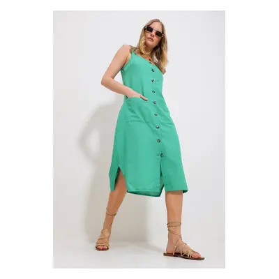 Trend Alaçatı Stili Women's Green Midi Length Linen Woven Dress