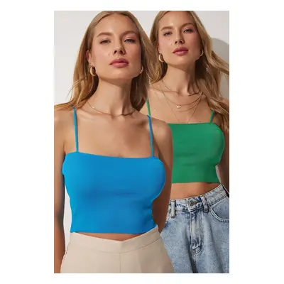 Happiness İstanbul Women's Green Blue Double Strap Crop Knitwear Blouse