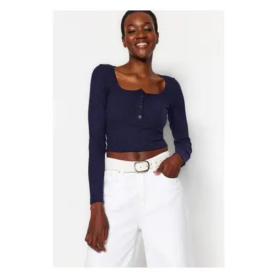 Trendyol Navy Blue Button Detailed Square Neck Fitted Flexible Crop Knitted Blouse