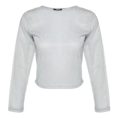 Trendyol Gray Lurex Crew Neck Regular/Normal Fit Transparent Tulle Knitted Blouse