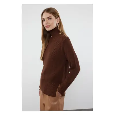 Trendyol Brown Collar Button Detailed Knitwear Sweater