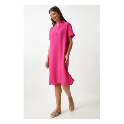 Happiness İstanbul Women's Dark Pink Polo Neck Summer Loose Muslin Dress