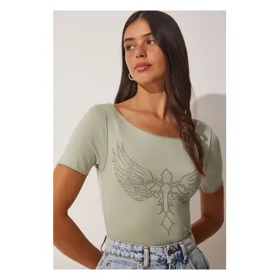 Happiness İstanbul Women's Green Wing Embroidered Viscose Knitted T-Shirt