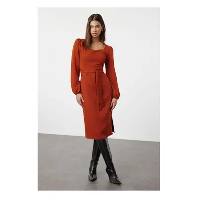 Trendyol Brown Plain Midi Woven Dress