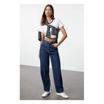 Trendyol Blue Stitching Detailed High Waist Barrel Jeans