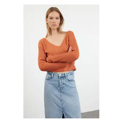 Trendyol Orange Crop Basic V-Neck Knitwear Sweater