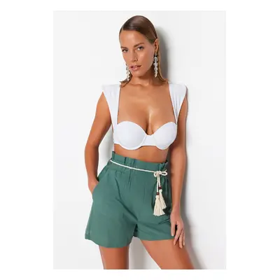 Trendyol Khaki Belted Woven Ruffled 100% Cotton Shorts & Bermuda