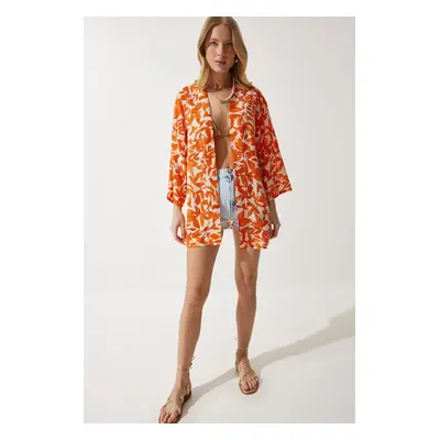 Happiness İstanbul Women's Orange Patterned Viscose Kimono