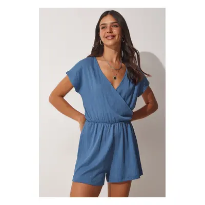 Happiness İstanbul Women's Indigo Blue Wrapped Collar Short Knitted Jumpsuit with Shorts