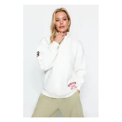 Trendyol Ecru Thick Inner Fleece Embroidery and Button Detail High Neck Oversize Knitted Sweatsh