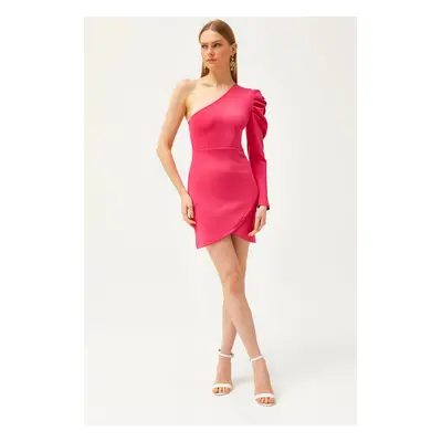 Olalook Women's Fuchsia One-Shoulder Skirt Wrap Mini Scuba Dress