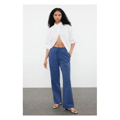 Trendyol Navy Blue Linen Blend High Waist Striped Wide Leg Trousers