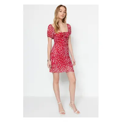 Trendyol Red Printed Square Collar Balloon Sleeves Knitted Mini Dress with Tulle Liner, Fitted