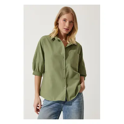 Happiness İstanbul Women's Khaki Balloon Sleeve Poplin Shirt