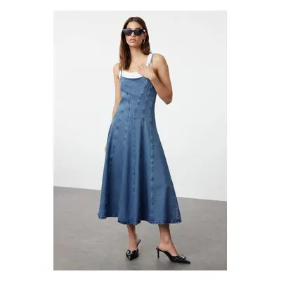 Trendyol Blue Flounce Stitch Detail Strappy Maxi Denim Dress