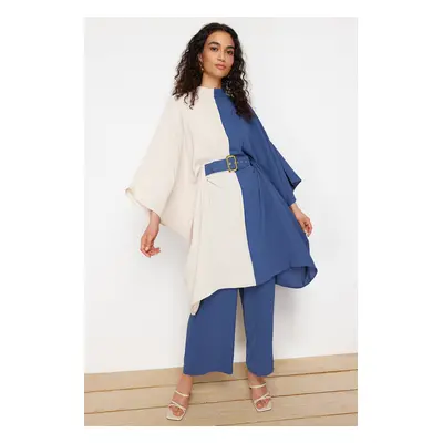 Trendyol Indigo Color Block Waist Belted Tunic-Pants Woven Suit