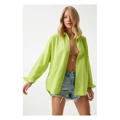 Happiness İstanbul Women's Pistachio Green Oversize Long Basic Shirt