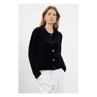 Trendyol Black Shaggy Polo Neck Knitwear Cardigan