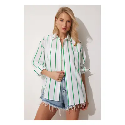 Happiness İstanbul Women's Green White Striped Oversize Long Cotton Shirt