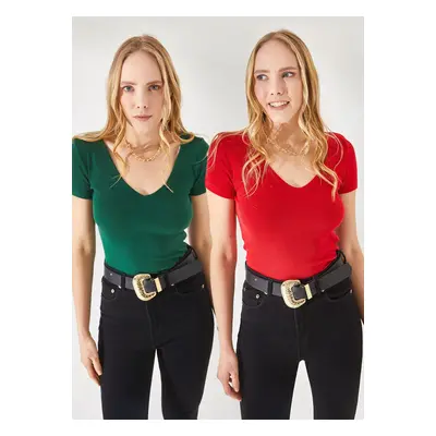 Olalook Women's Emerald-Red V-Neck Short Sleeve 2-Pack Suit Blouse