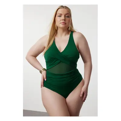 Trendyol Curve Emerald Green Waist Cut Out Mesh/Tulle Detail Plus Size Swimsuit