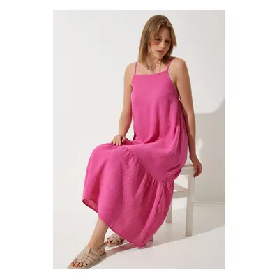 Happiness İstanbul Women's Dark Pink Strappy Summer Loose Muslin Dress