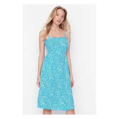 Trendyol Blue A-Line Midi Patterned Dress with Window/Cut-Out Detail