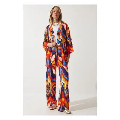 Happiness İstanbul Women's Orange Patterned Kimono Palazzo Trousers Set