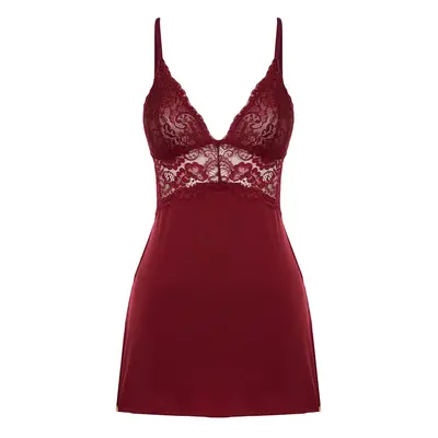 Trendyol Burgundy Lace and Slit Detailed Rope Strap Knitted Fantasy Nightgown