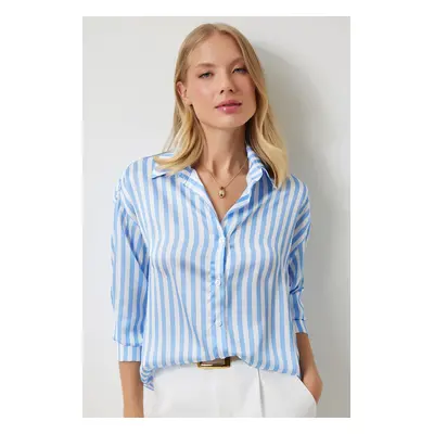 Happiness İstanbul Women's Blue and White Striped Draped Satin Look Shirt