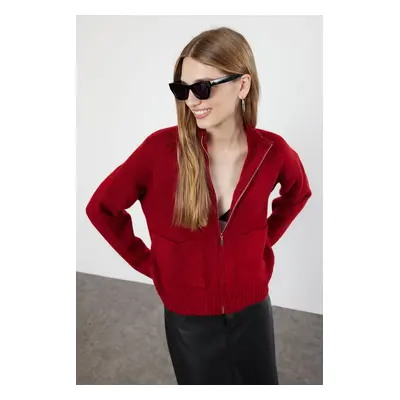 Trendyol Burgundy Soft Textured Zippered Knitwear Cardigan