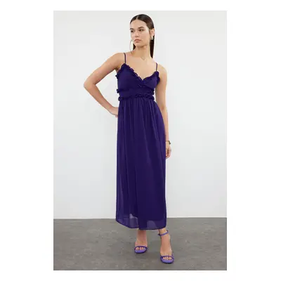 Trendyol Purple Floral Patterned A-Cut Ruffle Detailed Lined Chiffon Maxi Woven Dress