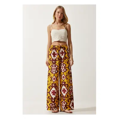 Happiness İstanbul Women's Mustard Patterned Raw Linen Palazzo Trousers