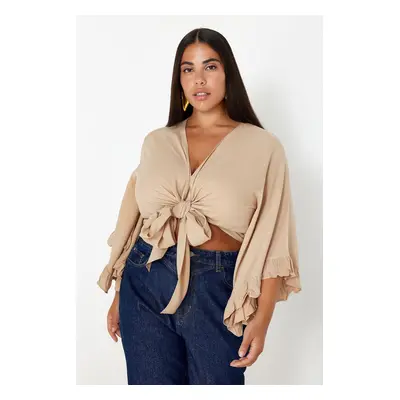 Trendyol Curve Mink Crop Sleeve Ruffle Flounce Double Breasted Collar Beach Wear Blouse