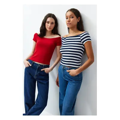 Trendyol Pack of Navy Blue Striped-Red Plain Carmen Collar Crop Stretchy Knitted Blouse