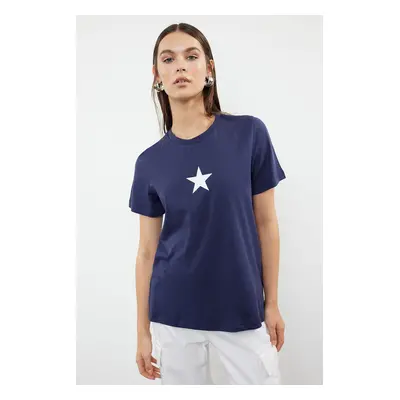 Trendyol Navy Blue 100% Cotton Star Printed Regular/Normal Pattern Crew Neck Knitted T-Shirt