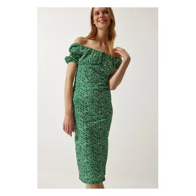 Happiness İstanbul Women's Green Patterned Gathered Knitted Dress