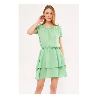 armonika Women's Light Green Endeka Dress Collar Gathered Sleeve and Elastic Waist Skirt Layered