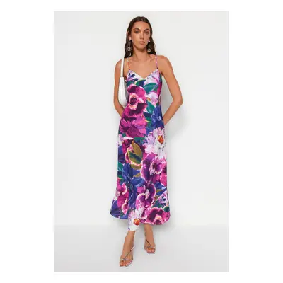 Trendyol Multicolored Flower Print Straight Cut Strap Midi Satin Woven Dress