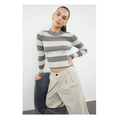 Trendyol Anthracite Crop Cotton Color Block Knit Sweater