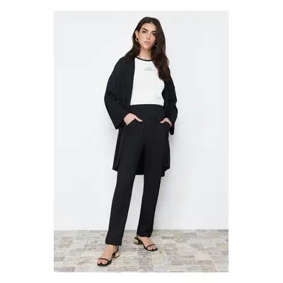 Trendyol Black Oversize Textured/Creamy Knitted Kimono Trousers Top-Bottom Set