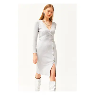 Olalook Women's Gray Double Breasted Collar Slit Button Detailed Raised Dress