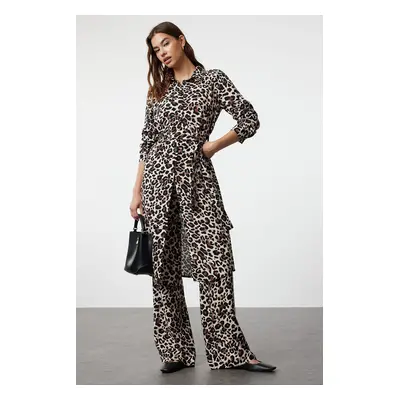 Trendyol Brown Leopard Patterned Belted Viscose Regular Woven Bottom-Top Set