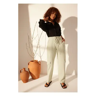 Trendyol Gray 100% Linen Pocket Detailed High Waist Straight Trousers